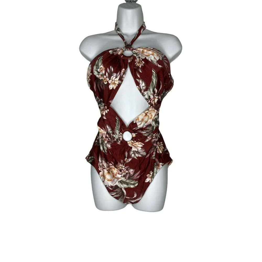 Bar III Woman’s LUAU PALM Cutout Halter One-Piece Swimsuit  SZ XL‎